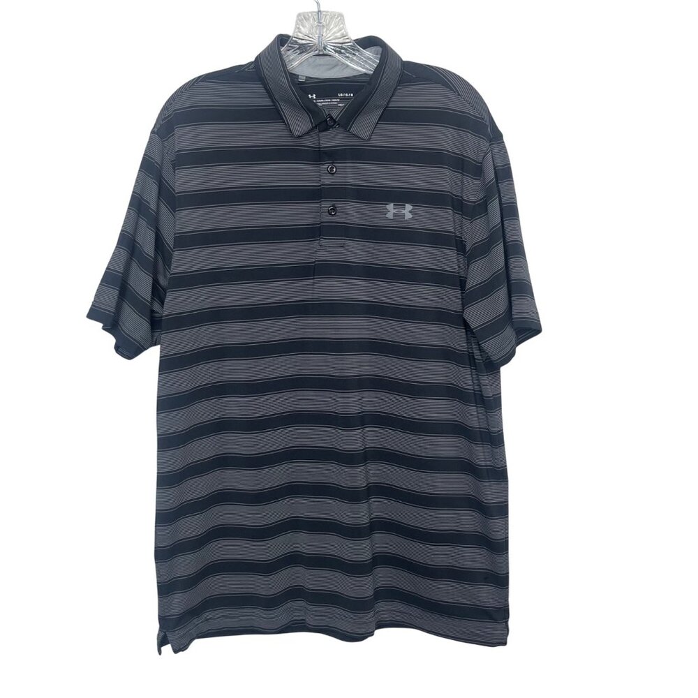 Under Armour Golf Polo Shirt Mens Large Black Gray Striped‎ Loose Fit HeatGear